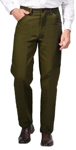 Jolliman Mens Moleskin Trousers Smart Fit Expanding Waist Trousers Pants with Zip Fly, Front and Buttoned Back Pocket 100% Cotton 38 Waist and 29 Leg Length Green