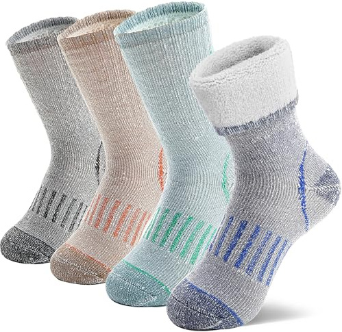 MOSEY KOSY 4 Paar Kinder Merino Wolle Wander Socken Jungen Mädchen Kleinkinder Thermo Winter Warme Stiefel Dicke Polster Snowboard Socken(Orange/Grün/Blau,26-29)