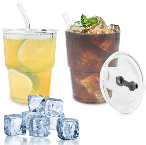 Newpop 2 Stück Latte Macchiato Gläser 400ml, Teegläser Glas Cappuccino, Kaffeegläser, Kaffeeglas, Eiskaffee Gläser Luftdicht Wasserdicht Design, Kaffeebecher mit Deckel und Strohhalm,Gestreifte