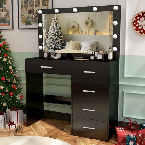 Buildonely Tavolo da Toeletta per Bambina, Toeletta da Trucco con Specchio Hollywood et 11 Luci LED, Luminosità Regolabile, Tavolo da Trucco con 5 Cassetti, Nero