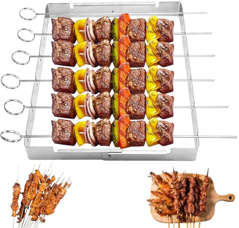 6 spiedini per barbecue in acciaio inox con griglia, griglia per shish kebab con ripiano fisso, regalo per uomini, spiedini per shish kebab, in acciaio inox, 6 spiedini lunghi per carne, verdure e