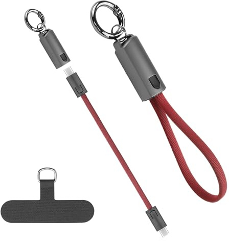 YACSEJAO 20cm/0,6ft Mini llavero USB C a USB C Cable, 60W PD de carga rápida y transferencia de datos, cargador portátil de tipo C Cable con mosquetón para el teléfono, la energía móvil (Rojo)