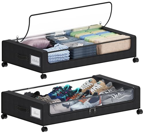 Tututry Under Bed Storage with Wheels, XXL 60L Under the Bed Storage Bins, Underbed Storage Containers with Lids & Label, Rolling Metal Drawer for Shoes, Clothes, Books, Toys (2-Pack Black)