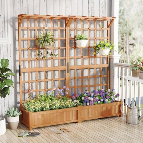 Toolsempire 72 Raised Garden Bed with Lattice Trellis, Hanging Roof & Drainage Holes, Elevated Wooden Planter Box for Vine Climbing Plant, Flower, Herb & Vegetable