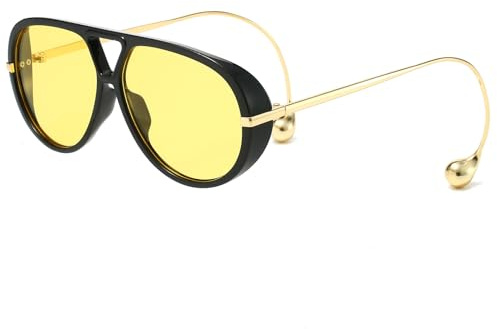 YAMEIZE Oversized Pilot Sunglasses for Women Men Retro 70s Double Bridge With Earring Round Shield Big Sun Glasses UV400 (BlackYellow)