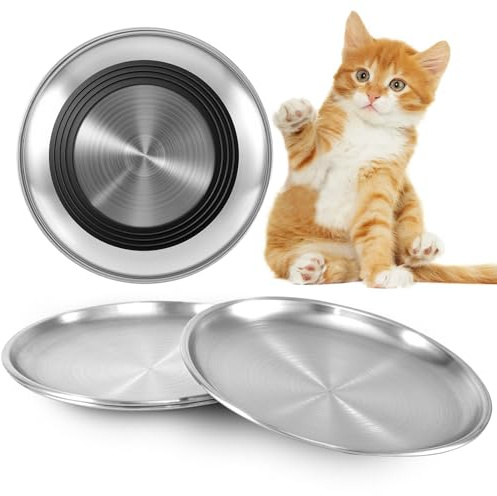 Alaoo 4 Piezas Cuencos Planos para Gatos de Acero Inoxidable,17CM Comedero Plano para Gato con Base Antideslizante,Platos Anchos Aptos para Gatos para Perros Pequeños,Gatos (Plata)