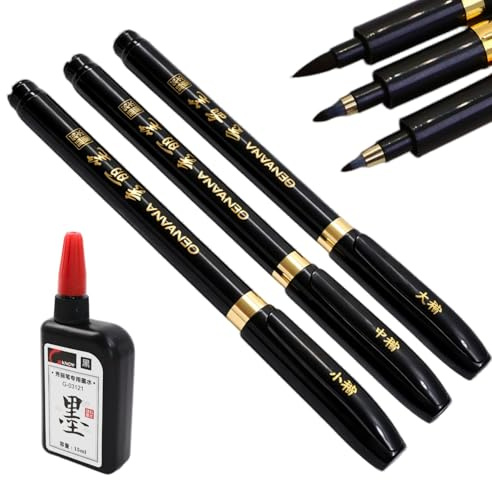 zizitips Set de 3 Stylos de Calligraphie Japonaise et Chinoise, Pinceaux Shodo avec 15ml d’Encre Noire Rechargeable, Brush Pen Fin Moyen Épais pour Écriture Dessin Artistes Débutants et École