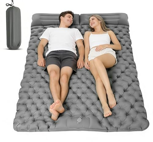 Double Camping Mat, Ultralight Self Inflating Sleeping Pad, 10cm Extra Thick Reinforced Camping Air Bed with Pillows & Built-in Foot Pump, Portable Air Mattress for Hiking Tent Backpacking (Grey)