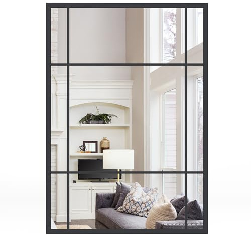 COSTWAY Decorative Wall Mirror, 100x70cm Large Rectangular Hanging Window Mirror, Horizontal/Vertical Metal Frame Wall Mounted Mirrors Windowpane Decoration for Living Room, Bedroom and Hallway, Black