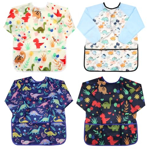 VEGCOO 4 Pièces Tablier Peinture Enfant, Tablier Enfant Peinture Manches Longues avec Poches Imperméable à Motif Dinosaures, Blouse Peinture Enfant de 3 à 8 ans pour Peindre Cuisiner DIY