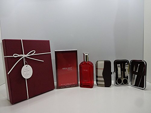 Luxus-Geschenkbox für Herren – Red Hot Man 100 ml Eau de Toilette für Herren + 7 CS Edelstahl Nail Care persönliche Maniküre-Set in Geschenkbox.. 042.