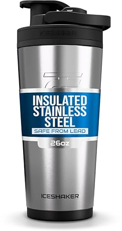 Ice Shaker Stainless Steel Insulated Water Bottle Protein Mixing Cup - Holds Ice for 30+ Hours As Seen On Shark Tank Â€¦ 26oz Silver