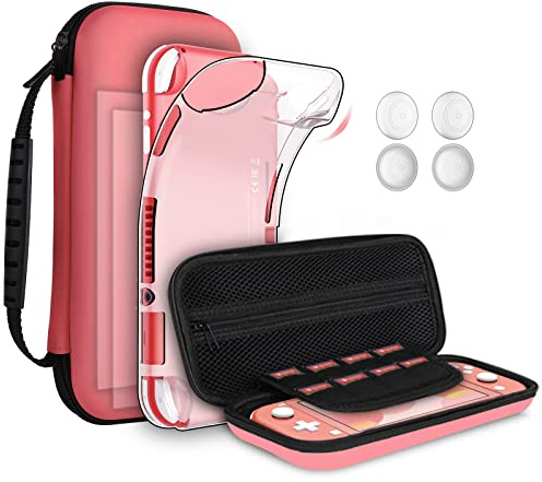 GeeRic Étuis Compatible pour Switch Lite 2019, Protection Housse + Coque Transparente + Protection écran Compatible pour Switch Lite + 4 Thumb Grip, Corail