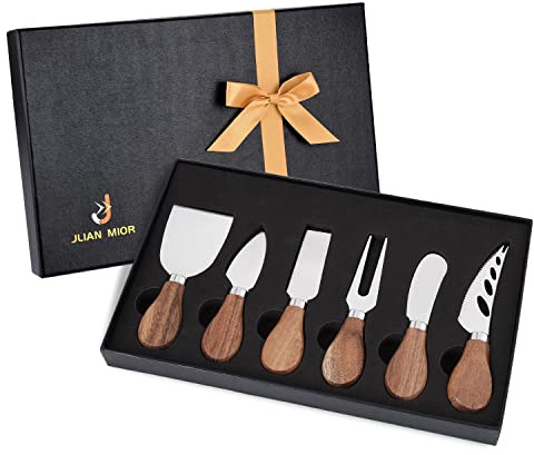 JLIAN MIOR Exquisite 6-Piece Cheese Knives Set, Stainless Steel Cheese Knife Set Collection (Acacia Wood Handle)
