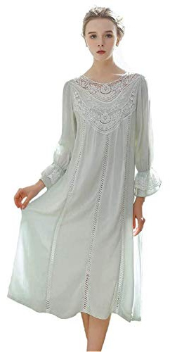 QIKEGooods Camisón de manga larga 100% algodón para mujer, camisón victoriano, pijama para mujer, vestido de camisa de dormir, 003azul, XL