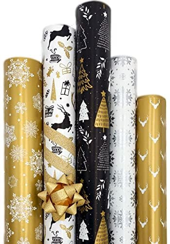 artwelten Home & Style Geschenkpapier Weihnachten 5 Rollen Set je 2m x 70 cm Edel Weihnachtliches Geschenkpapier Modernes Stylische Weihnachtsgeschenkpapier Merry Christmas Schwarz Weiß Silber Gold