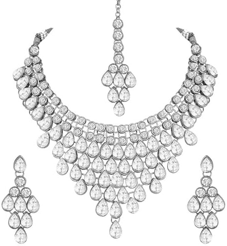 Aheli Exquisite Wedding Wear Kundan Studded Necklace with Maang Tikka Set Indian Ethnic Traditional Bharatanatyam jewellery set Gift for Women