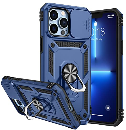 Compatible with iPhone 13 Pro Max Case with Slide Camera Cover & 360° Rotate Ring Stand [Military Drop Protection] Shockproof Heavy Duty Protective, Phone Case with Magnetic Car Mount Holder Blue