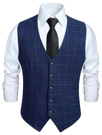 HISDERN Men's Formal Waistcoat Wedding Waistcoats Plaid Classic Check Gents Party Business Dress Suit Vest Blue L