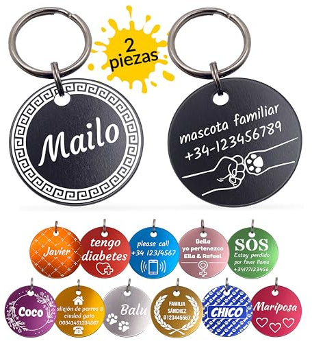 Unikat Branding | 2 Stück Erkennungsmarken | Hund, Katze und Herrchen | Hundemarke personalisiert | Beidseitig mit Gravur | rund | Schwarz | 35 mm