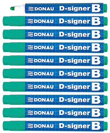 DONAU D-Signer B Lot de 10 marqueurs pour tableau blanc Vert Pointe ogive 2-4 mm Résistant au séchage jusqu'à 72 heures sans capuchon Encre non toxique