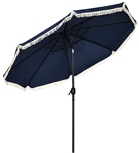 Outsunny Parasol de jardin Parasol droit inclinable rond Ø 268 cm avec franges tissu polyester haute densité anti-UV mât démontable 8 baleines, bleu