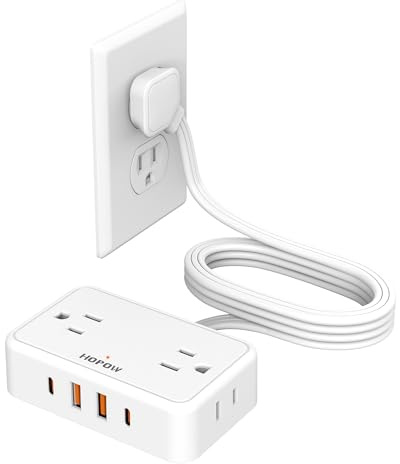 Flat Plug Extension Cord, 6 Ft Ultra Thin Power Strip with 4 AC Wide Spaced Outlets and 4 USB (2 USB-C) Ports, No Surge Protector for Cruise Ship, White Extension Cord for Travel Home Office
