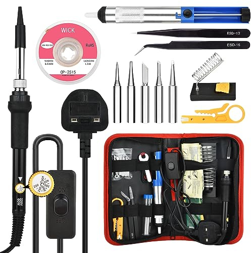 Soldador Estaño, 80W Temperatura Ajustable 180-480°C,Soldador De Estaño Con Interruptor Y Pantalla Lcd, 5 Pcs Puntas Diferentes, Soporte, Alambre De Soldadura Para El Uso Diversamente Reparado