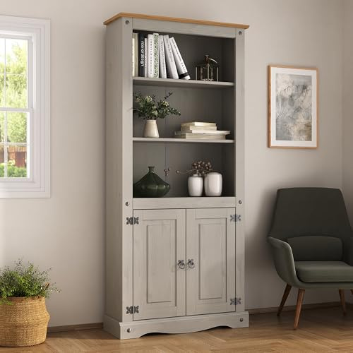 Corona Grey 2 Door Bookcase Display Cabinet Mexican Solid Pine