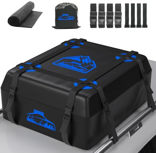 BOYUJK Car Roof Bag - 15 Cubic/425 L, Waterproof, No Rack Needed, Anti-Slip Mat, 6 Heavy-Duty Straps, Folding Soft Bag (Blue 425 L)