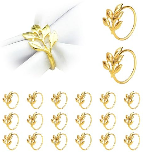 JVHLOV 20 Stück Napkin Rings Serviettenringe, Metall Serviettenschnallen, Metall Serviettenschnallen Blätter, für Hochzeit Party Ramadan Bankett Tischdekoration (Gold, Standardgröße)