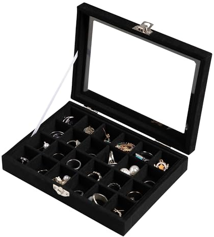 Frebeauty Bandeja joyas 24 compartimentos, terciopelo, tapa transparente