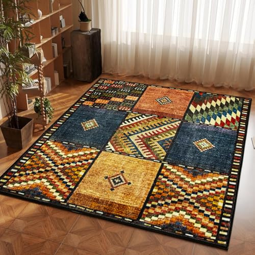 Tappeto quadrato, 200 x 200 cm, vintage, tappeto patchwork colorato, a pelo corto per soggiorno, lavabile, antiscivolo, facile da pulire, per soggiorno, camera da letto, balcone, adatto anche per