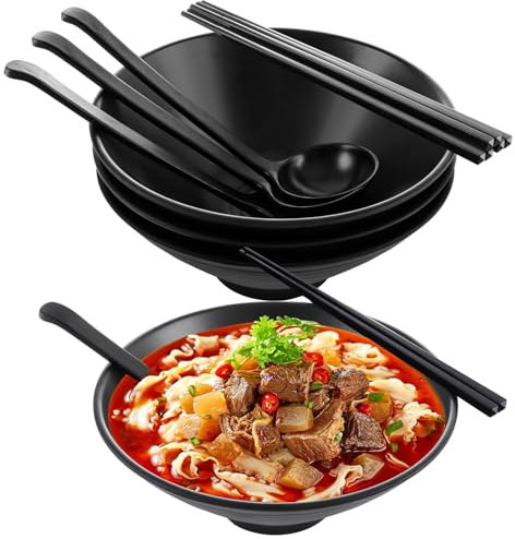 DAJAVE Ramen Bowls Set of 4 - Japanese Bowl 1200ml Melamine Bowls Large Ramen Noodle Bowl with Chopsticks and Spoons for Soup, Salad, Rice and Pasta Dishes