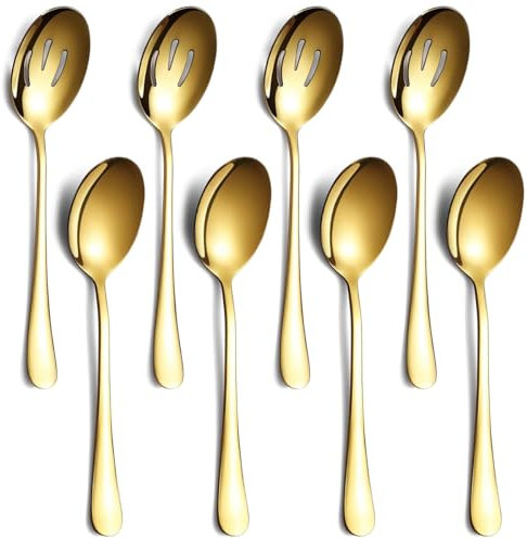 Gold Serving Spoons 8 Pieces, ReaNea Stainless Steel Serving Utensils Set inclunde 4 Serving Spoon 4 Serving Slotted Spoons, Dishwasher Safe