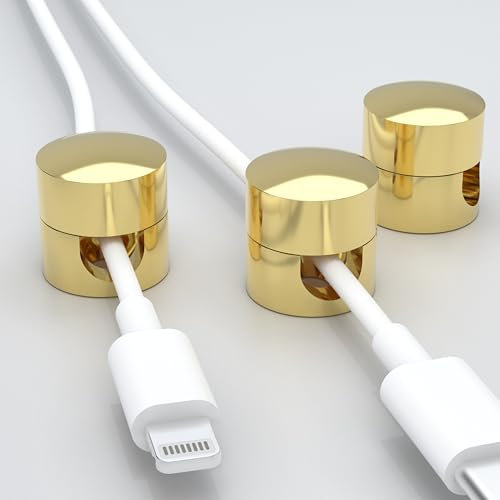 Auiremrti Lot de 3 supports de câbles dorés en métal, clips de câble 2 en 1 avec vis autocollante, organiseur de câbles robuste en aluminium, clip pour guide-câbles pour chargeurs
