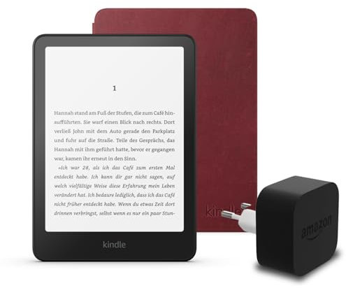 Le dernier Kindle Paperwhite (version 2024) 16 GB sans publicité, une housse en cuir Amazon Premium et un adaptateur secteur Amazon Powerfast 9 W.