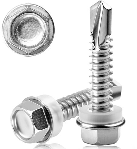 KGGZKG 40PCS M6.3X50MM Stainless Steel Self Tapping Screws, Hex Head, External Hex Drive, 410 Stainless Steel, Tech Screws for Metal, Roofing, Windows, Furniture