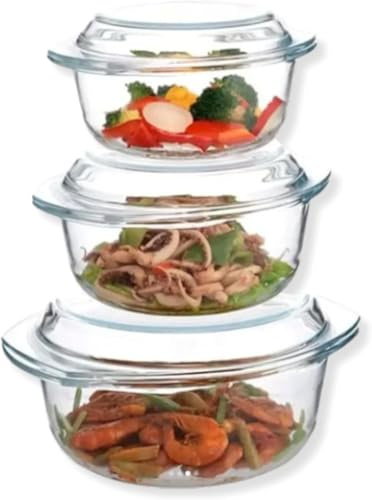 Housetronics Set of 3 Glass Round Casserole Oven Dishes with Lid, Borosilicate Glass, Freezer & Microwave Safe, Scratch & Thermal Shock Resistant, Easy-Grip Handles (1/1.5/2.5 Ltr)