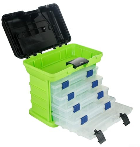 Boîte à outils portable multicouche avec poignée pliable, grande capacité de rangement pour matériel de pêche, 4 tiroirs, capacité de charge de 40 kg, noir/orange/vert (vert)