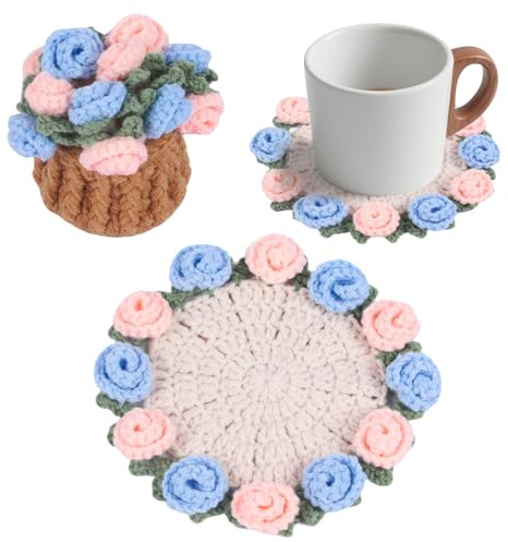 Fnaobai Handgjorda virkade underlägg set med minikorg – boho blommiga underlägg för soffbord bröllopspresent inflyttning, födelsedag vintage rosdesign (blå)