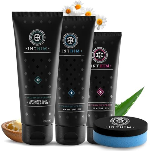 IntHim Enthaarungscreme Intimbereich Männer – Sanfte, gründliche Haarentfernungcreme ohne Rasur + Entzündungshemmende Intimpflege Männer Set - Intim Waschlotion Herren + After Shave Intim Creme
