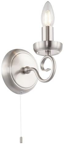 Happy Homewares Traditional and Vintage Satin Nickel Wall Light Fitting with Scroll Arm and Pull Switch | 17cm x 14cm x 12cm