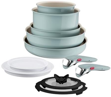 Lagostina Ingenio Pastel, Set di Padelle Antiaderenti 11 Pezzi con Manico Rimovibile, Compatibili con Induzione e Forno, Design Salvaspazio, Colore Salvia