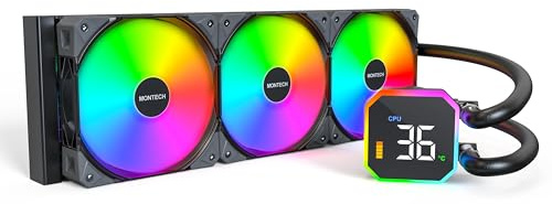 MONTECH HyperFlow Digital 360 CPU Liquid Cooler, 360mm AIO with 3100RPM Pump, 3×120mm E28 ARGB Fans, Real-Time Digital Display, Intel & AMD Support (Black)