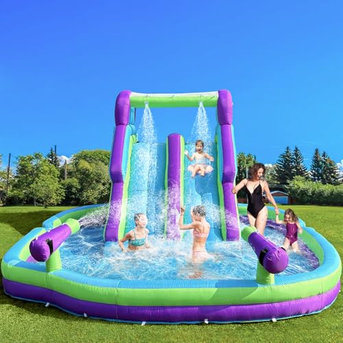 Inflatable Double Water Slide-17.7FT Large Climber Inflatable Water Park for Big Kids 5-10-Huge Splash Pool-Easy to Set Up & Inflate with Air Blower,Carrying Case,Water Pipe,Storage Bag-Purple