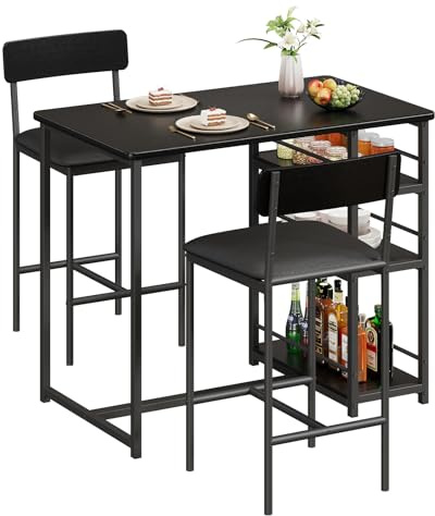 RBFGYIOP Set Tavolo da Bar con 2 Sgabelli Imbottiti e Tavolo Alto con 3 Ripiani di Stoccaggio, Set Tavolo da Cucina Salvaspazio per Piccoli Spazi, Tavolo da Pranzo per Casa, Bistrò e Monolocale, Nero