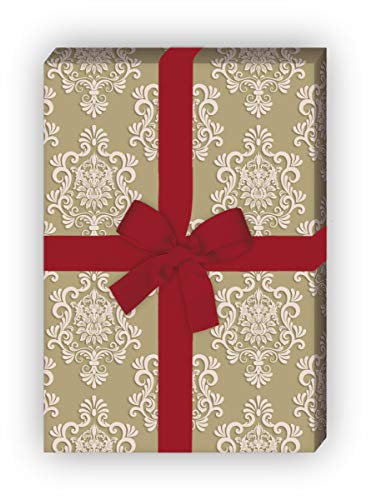 Edles vintage Geschenkpapier Set (4 Bogen) mit üppigem Damast Muster, beige, für schöne Geschenkverpackung zum Einpacken 32 x 48cm, zu Ostern Weihnachten Geburtstag, universal Geschenkpapier
