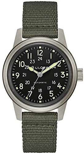 Bulova Men's Military Heritage Hack Veteran's Watchmaking Initiative Watch in Stainless Steel with 3-Hand Automatic, Green NATO Strap Style: 96A259