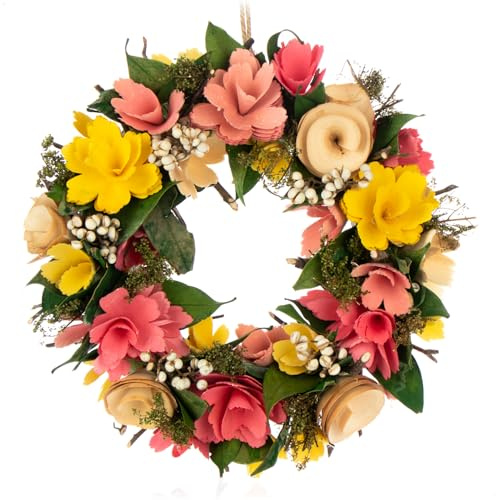 COM-FOUR® Ghirlanda per la porta con fiori di legno - Ghirlanda decorativa da tavolo - Ghirlanda con gancio - Diametro ca. 30 cm